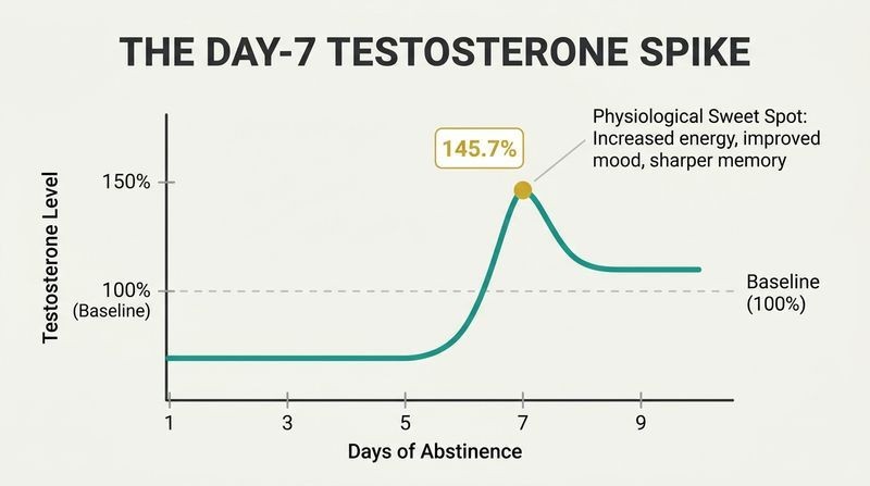 Line graph showing testosterone levels over days of abstinence, remaining flat until a dramatic 145.7% spike on day seven.