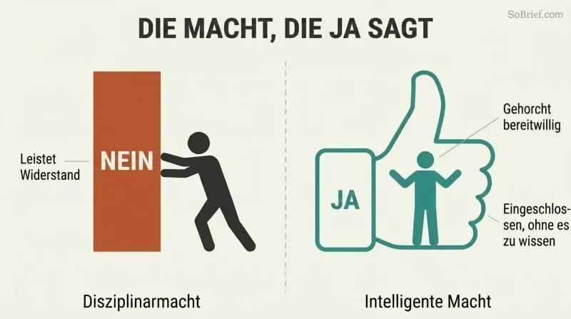 Split panel comparing disciplinary power as a wall blocked by a resisting figure against smart power as a giant thumbs-up shape containing a willing figure inside it.