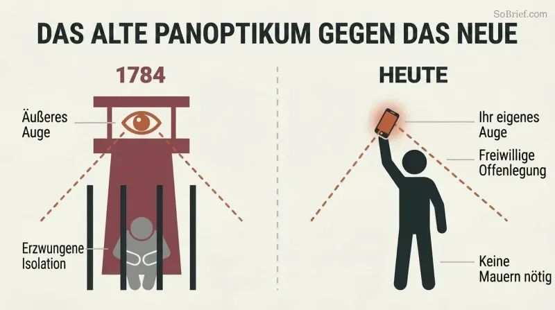 Split panel comparing a classic watchtower surveilling a confined figure on the left with a free-standing figure voluntarily holding up a glowing phone that mirrors the watchtower shape on the right.
