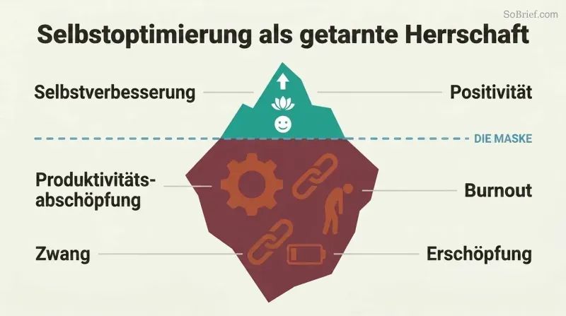 Iceberg diagram with a small smiling wellness surface above a dividing line and a much larger structure of gears, chains, and exhausted figures below, revealing domination hidden beneath self-optimization.
