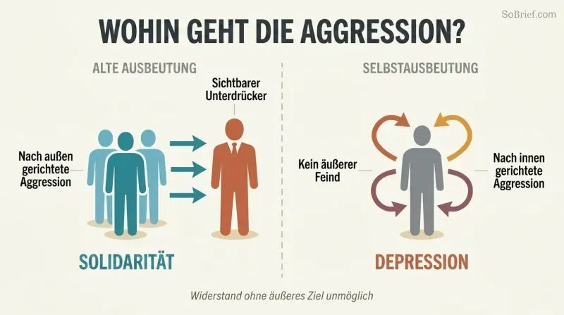 Split panel comparing old exploitation where workers direct aggression outward toward a visible oppressor, versus neoliberal self-exploitation where a lone figure's aggression arrows curve back inward.