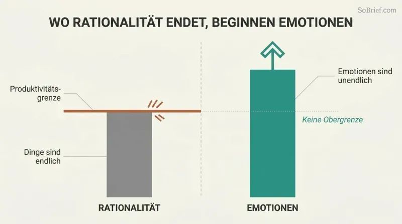 Split panel comparing a capped rationality bar hitting a hard ceiling on the left with an uncapped emotions bar rising freely past it on the right.