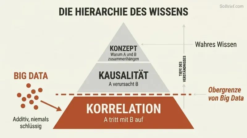 Three-tier pyramid showing Correlation at base, Causation in middle, and Concept at apex, with Big Data confined below a ceiling line at the lowest level.