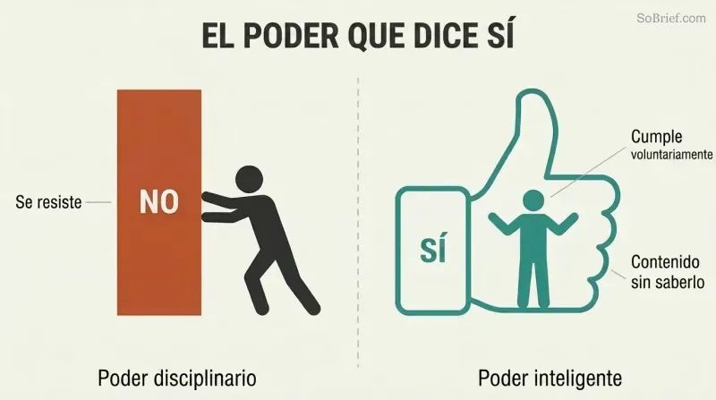Split panel comparing disciplinary power as a wall blocked by a resisting figure against smart power as a giant thumbs-up shape containing a willing figure inside it.