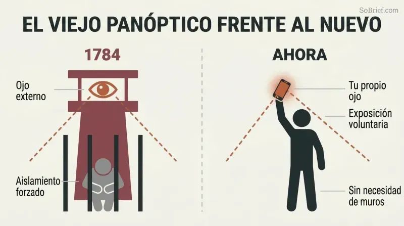 Split panel comparing a classic watchtower surveilling a confined figure on the left with a free-standing figure voluntarily holding up a glowing phone that mirrors the watchtower shape on the right.