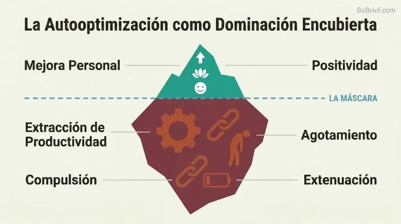 Iceberg diagram with a small smiling wellness surface above a dividing line and a much larger structure of gears, chains, and exhausted figures below, revealing domination hidden beneath self-optimization.
