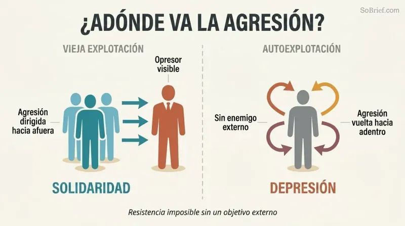 Split panel comparing old exploitation where workers direct aggression outward toward a visible oppressor, versus neoliberal self-exploitation where a lone figure's aggression arrows curve back inward.