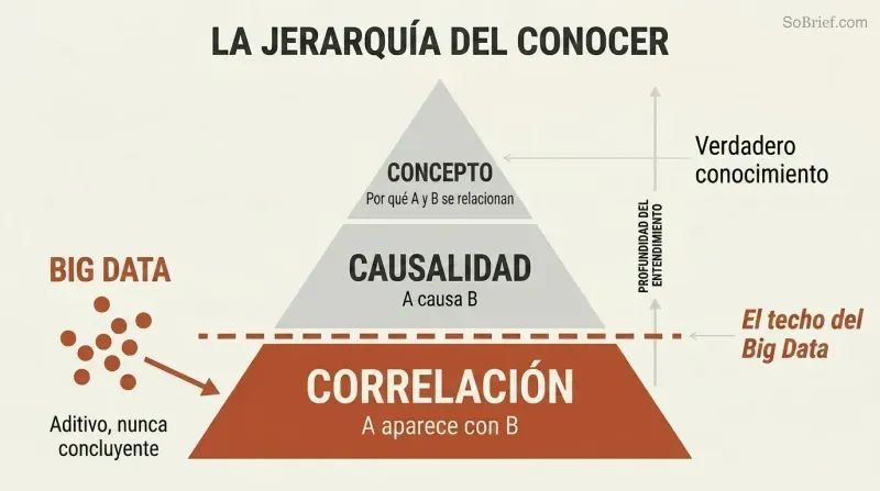 Three-tier pyramid showing Correlation at base, Causation in middle, and Concept at apex, with Big Data confined below a ceiling line at the lowest level.