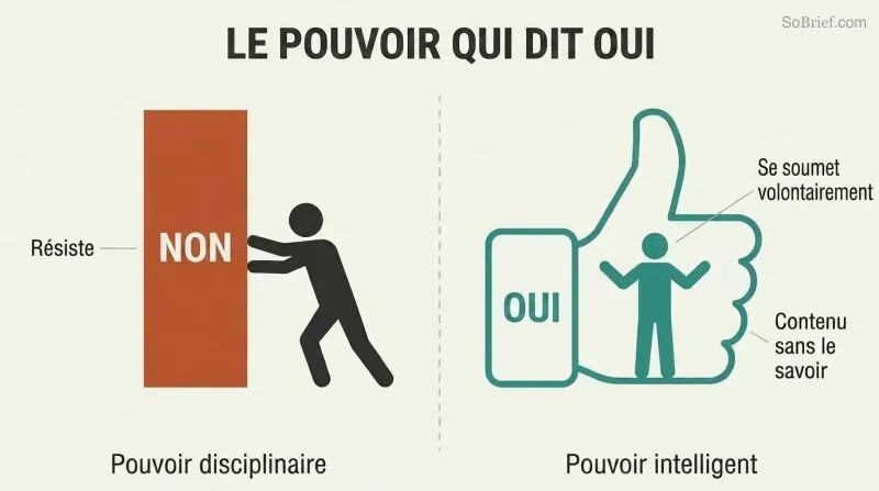 Split panel comparing disciplinary power as a wall blocked by a resisting figure against smart power as a giant thumbs-up shape containing a willing figure inside it.