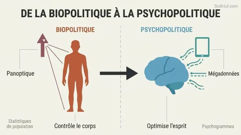 Split panel comparing biopolitics targeting a human body silhouette with industrial-era surveillance to psychopolitics targeting a brain silhouette with Big Data streams.