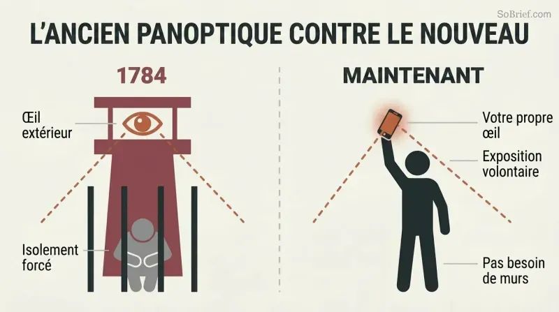 Split panel comparing a classic watchtower surveilling a confined figure on the left with a free-standing figure voluntarily holding up a glowing phone that mirrors the watchtower shape on the right.