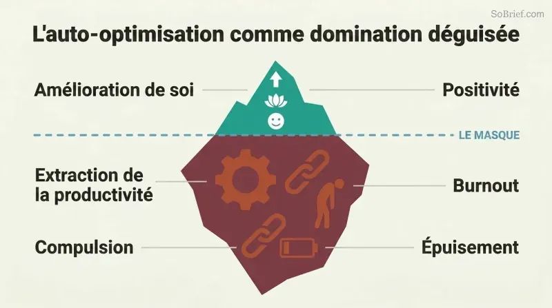 Iceberg diagram with a small smiling wellness surface above a dividing line and a much larger structure of gears, chains, and exhausted figures below, revealing domination hidden beneath self-optimization.