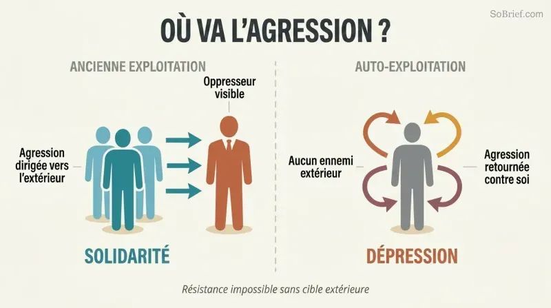 Split panel comparing old exploitation where workers direct aggression outward toward a visible oppressor, versus neoliberal self-exploitation where a lone figure's aggression arrows curve back inward.
