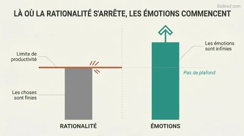Split panel comparing a capped rationality bar hitting a hard ceiling on the left with an uncapped emotions bar rising freely past it on the right.