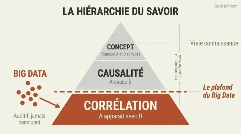Three-tier pyramid showing Correlation at base, Causation in middle, and Concept at apex, with Big Data confined below a ceiling line at the lowest level.