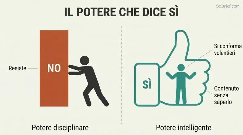 Split panel comparing disciplinary power as a wall blocked by a resisting figure against smart power as a giant thumbs-up shape containing a willing figure inside it.