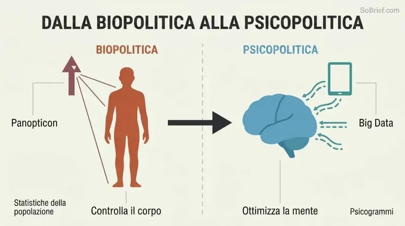 Split panel comparing biopolitics targeting a human body silhouette with industrial-era surveillance to psychopolitics targeting a brain silhouette with Big Data streams.