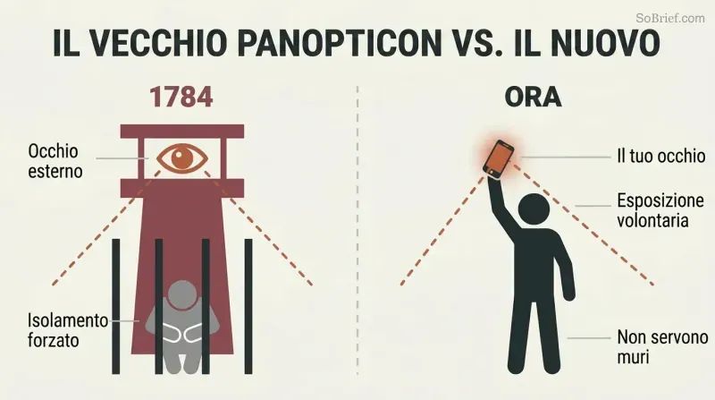 Split panel comparing a classic watchtower surveilling a confined figure on the left with a free-standing figure voluntarily holding up a glowing phone that mirrors the watchtower shape on the right.