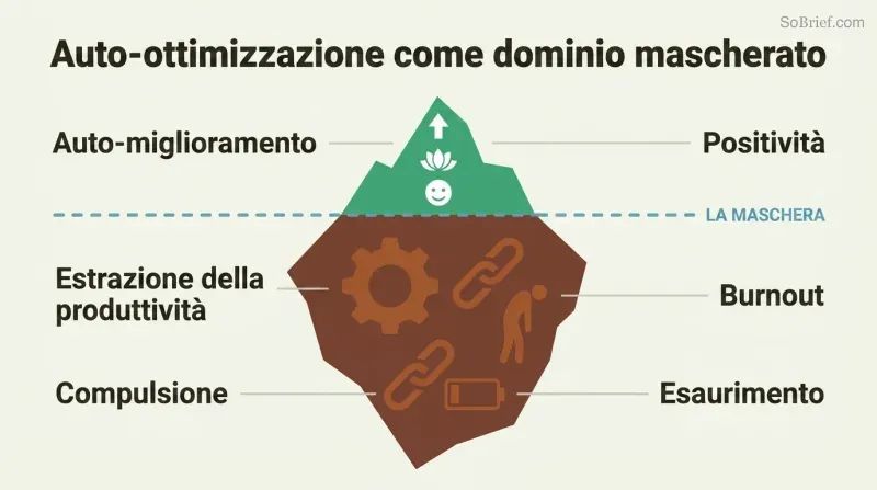 Iceberg diagram with a small smiling wellness surface above a dividing line and a much larger structure of gears, chains, and exhausted figures below, revealing domination hidden beneath self-optimization.