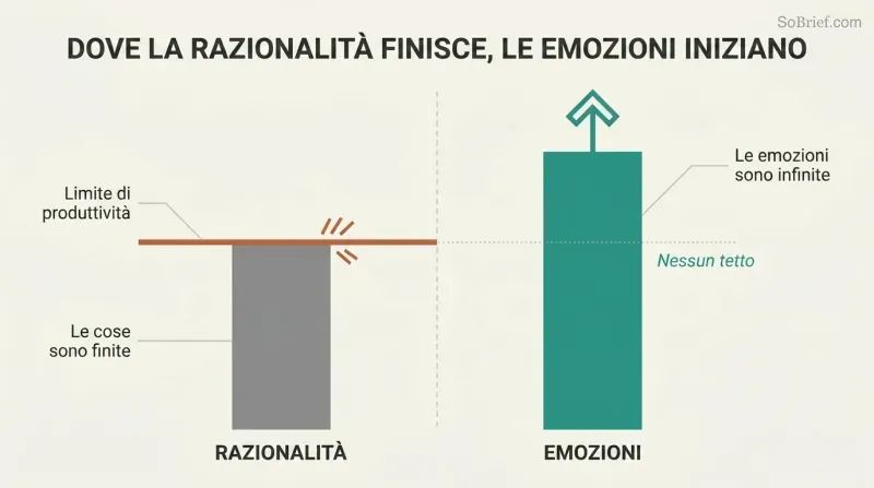 Split panel comparing a capped rationality bar hitting a hard ceiling on the left with an uncapped emotions bar rising freely past it on the right.