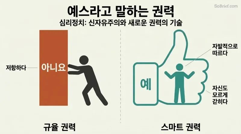 Split panel comparing disciplinary power as a wall blocked by a resisting figure against smart power as a giant thumbs-up shape containing a willing figure inside it.