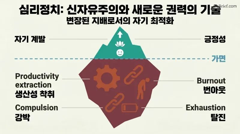 Iceberg diagram with a small smiling wellness surface above a dividing line and a much larger structure of gears, chains, and exhausted figures below, revealing domination hidden beneath self-optimization.