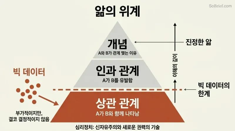 Three-tier pyramid showing Correlation at base, Causation in middle, and Concept at apex, with Big Data confined below a ceiling line at the lowest level.
