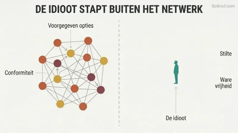 Dense cluster of interconnected nodes on the left contrasted with a single solitary figure standing in open space on the right, separated by a dashed boundary.