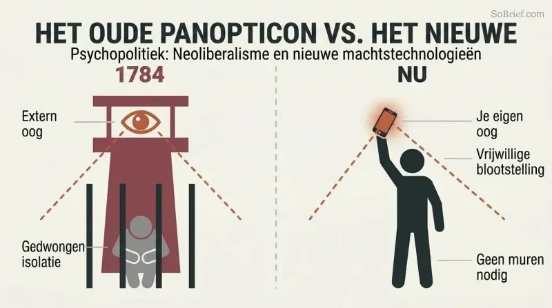 Split panel comparing a classic watchtower surveilling a confined figure on the left with a free-standing figure voluntarily holding up a glowing phone that mirrors the watchtower shape on the right.