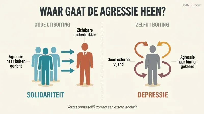 Split panel comparing old exploitation where workers direct aggression outward toward a visible oppressor, versus neoliberal self-exploitation where a lone figure's aggression arrows curve back inward.
