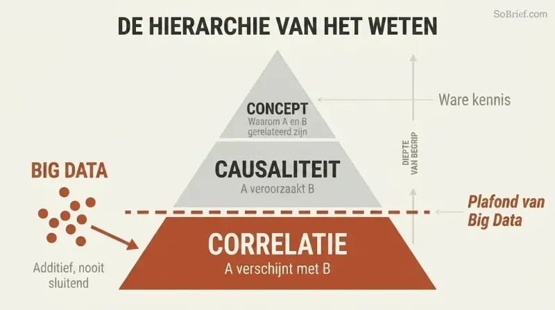 Three-tier pyramid showing Correlation at base, Causation in middle, and Concept at apex, with Big Data confined below a ceiling line at the lowest level.