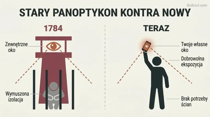 Split panel comparing a classic watchtower surveilling a confined figure on the left with a free-standing figure voluntarily holding up a glowing phone that mirrors the watchtower shape on the right.