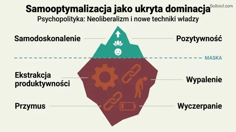 Iceberg diagram with a small smiling wellness surface above a dividing line and a much larger structure of gears, chains, and exhausted figures below, revealing domination hidden beneath self-optimization.