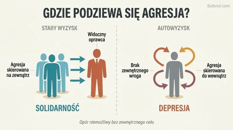 Split panel comparing old exploitation where workers direct aggression outward toward a visible oppressor, versus neoliberal self-exploitation where a lone figure's aggression arrows curve back inward.