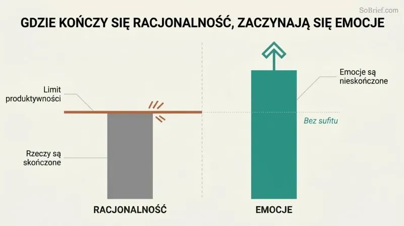 Split panel comparing a capped rationality bar hitting a hard ceiling on the left with an uncapped emotions bar rising freely past it on the right.