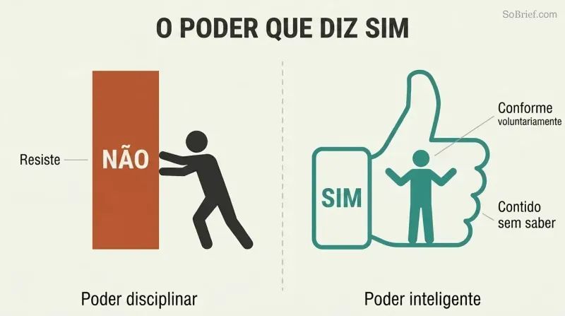 Split panel comparing disciplinary power as a wall blocked by a resisting figure against smart power as a giant thumbs-up shape containing a willing figure inside it.