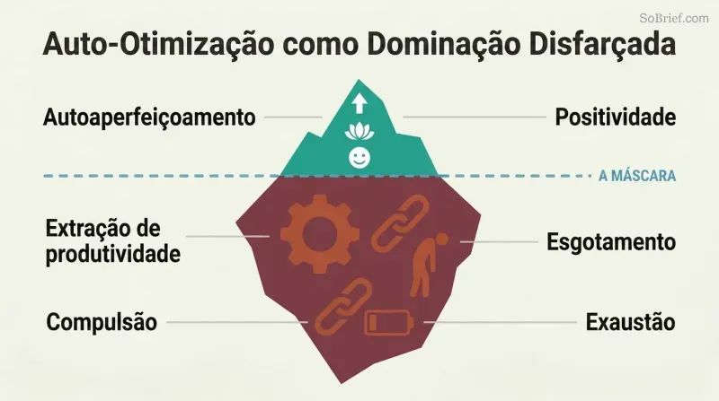 Iceberg diagram with a small smiling wellness surface above a dividing line and a much larger structure of gears, chains, and exhausted figures below, revealing domination hidden beneath self-optimization.