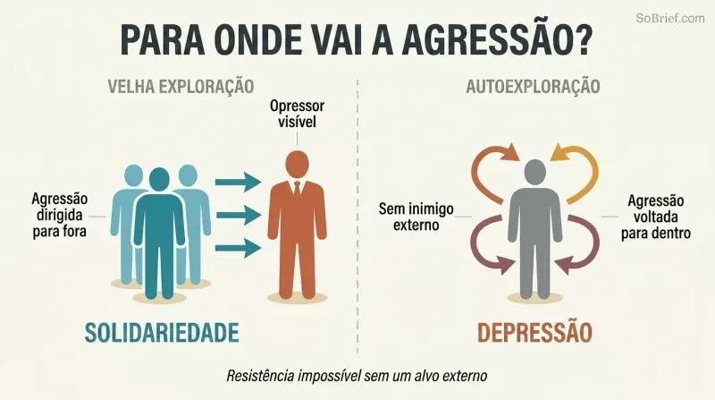 Split panel comparing old exploitation where workers direct aggression outward toward a visible oppressor, versus neoliberal self-exploitation where a lone figure's aggression arrows curve back inward.