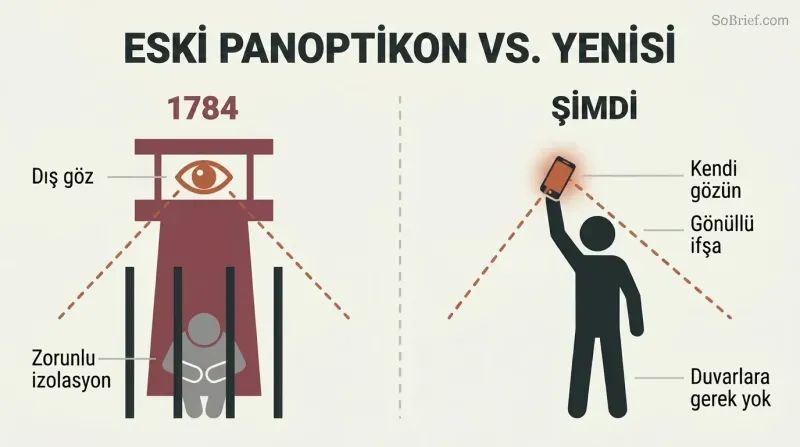 Split panel comparing a classic watchtower surveilling a confined figure on the left with a free-standing figure voluntarily holding up a glowing phone that mirrors the watchtower shape on the right.