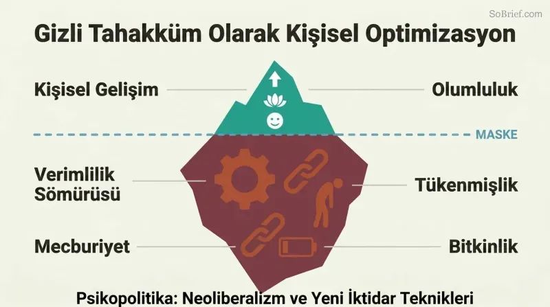Iceberg diagram with a small smiling wellness surface above a dividing line and a much larger structure of gears, chains, and exhausted figures below, revealing domination hidden beneath self-optimization.