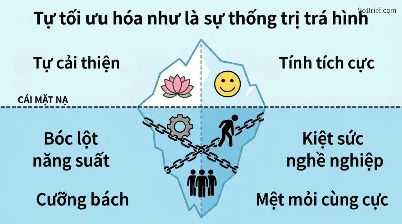 Iceberg diagram with a small smiling wellness surface above a dividing line and a much larger structure of gears, chains, and exhausted figures below, revealing domination hidden beneath self-optimization.