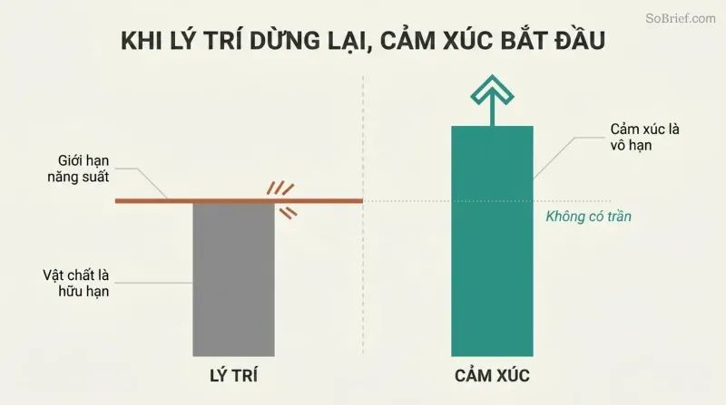 Split panel comparing a capped rationality bar hitting a hard ceiling on the left with an uncapped emotions bar rising freely past it on the right.