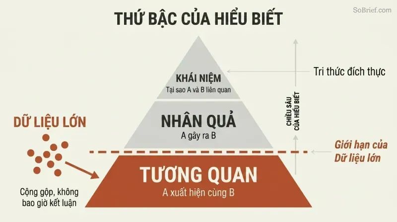Three-tier pyramid showing Correlation at base, Causation in middle, and Concept at apex, with Big Data confined below a ceiling line at the lowest level.