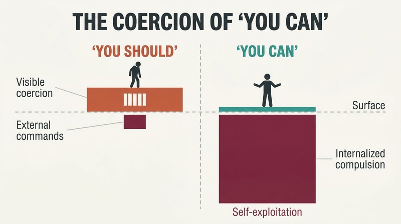 Split iceberg diagram comparing visible coercion under discipline with the far larger hidden coercion beneath the surface of unlimited freedom.