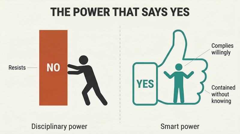 Split panel comparing disciplinary power as a wall blocked by a resisting figure against smart power as a giant thumbs-up shape containing a willing figure inside it.
