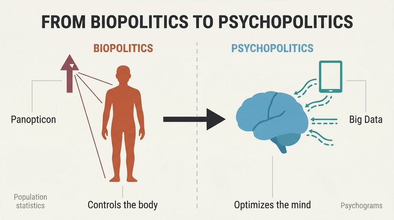 Split panel comparing biopolitics targeting a human body silhouette with industrial-era surveillance to psychopolitics targeting a brain silhouette with Big Data streams.