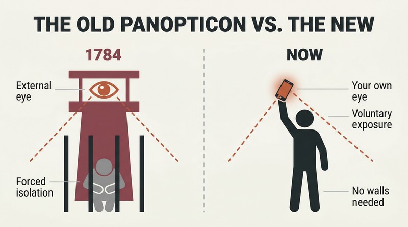 Split panel comparing a classic watchtower surveilling a confined figure on the left with a free-standing figure voluntarily holding up a glowing phone that mirrors the watchtower shape on the right.