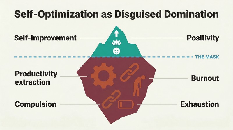 Iceberg diagram with a small smiling wellness surface above a dividing line and a much larger structure of gears, chains, and exhausted figures below, revealing domination hidden beneath self-optimization.
