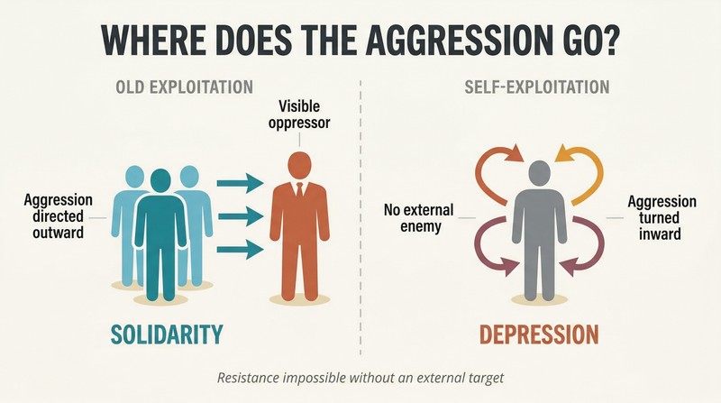 Split panel comparing old exploitation where workers direct aggression outward toward a visible oppressor, versus neoliberal self-exploitation where a lone figure's aggression arrows curve back inward.
