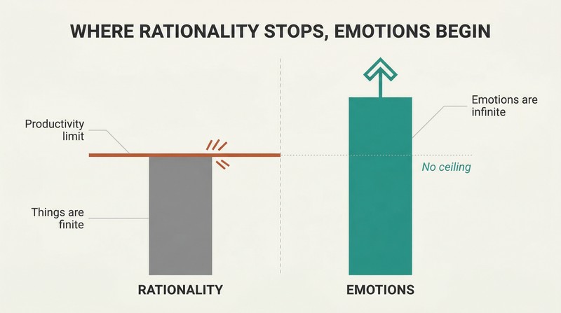 Split panel comparing a capped rationality bar hitting a hard ceiling on the left with an uncapped emotions bar rising freely past it on the right.